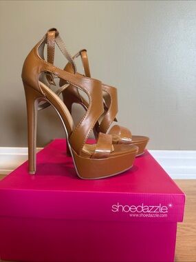 Shoe Dazzle Tan Strappy Platform Stiletto Heels
